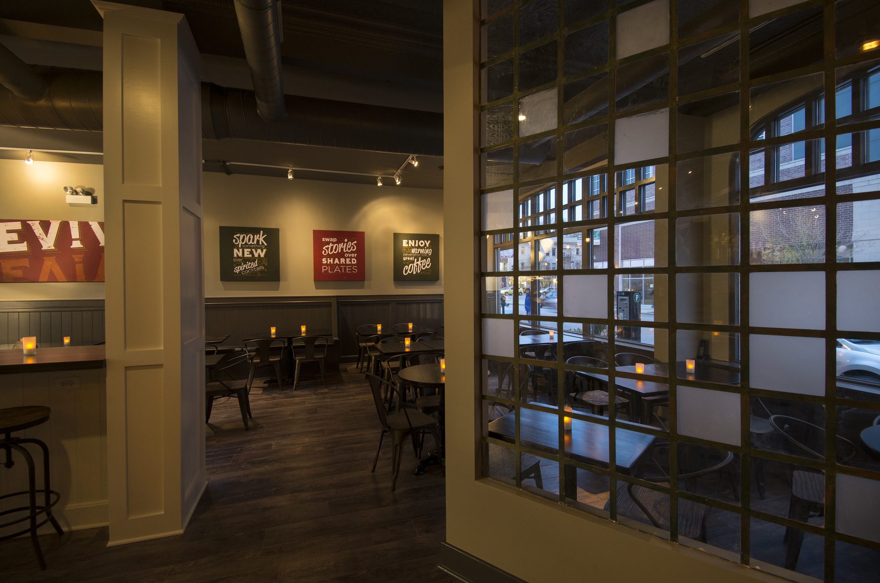 Modern restaurant interior with dim lighting