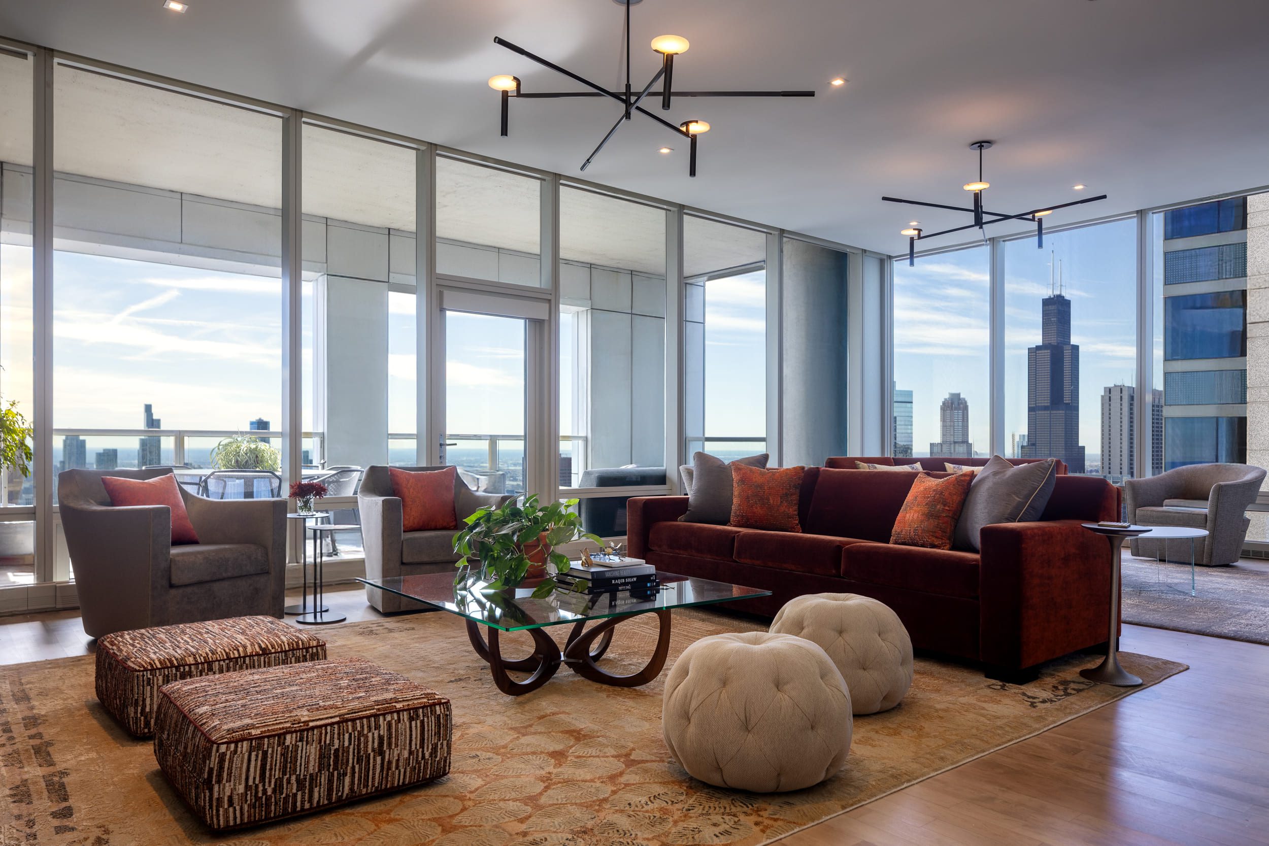 Modern living room with cityscape view