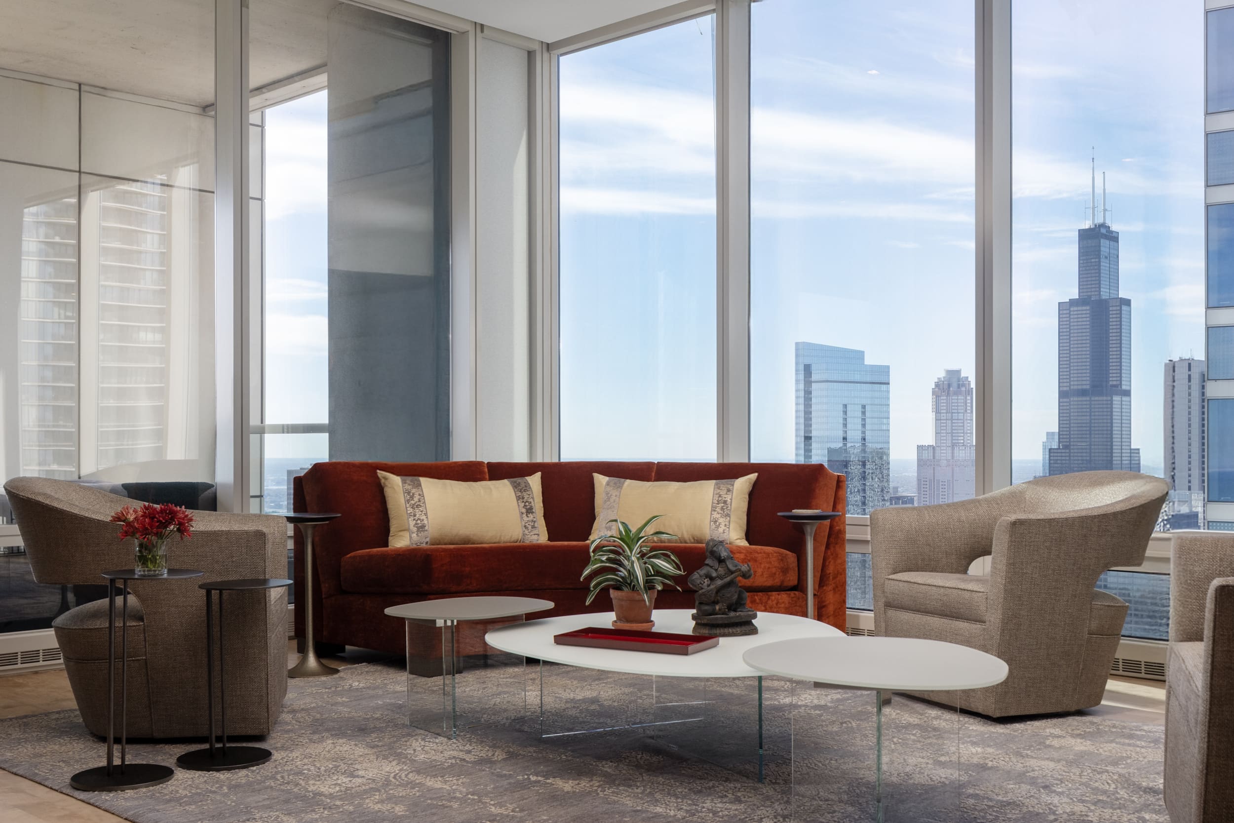 Modern living room with city view