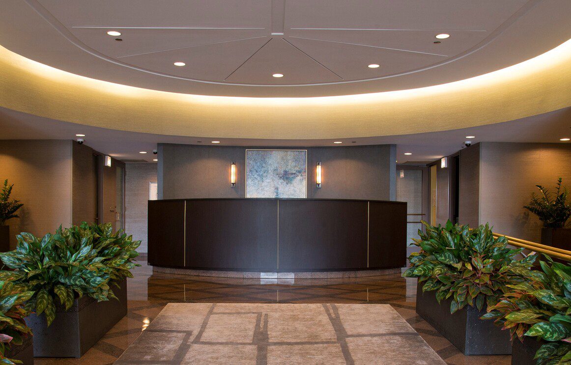 Hotel lobby with modern reception desk